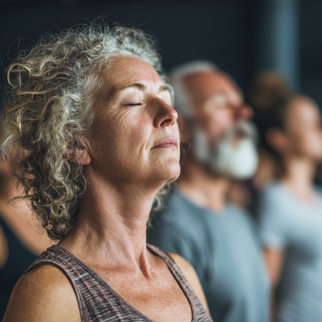 mature adults in serene yoga class practicing breathing techniques and meditation