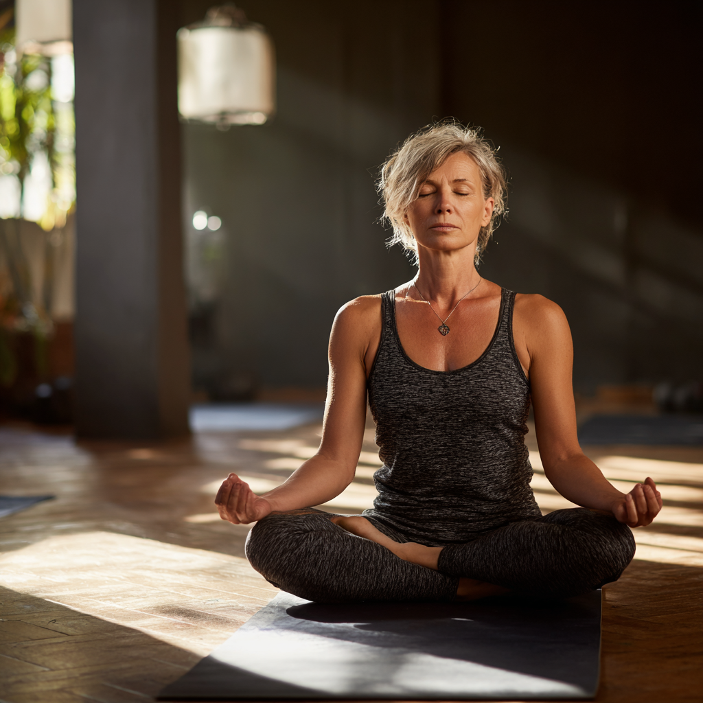 middle-aged woman practicing yoga in peaceful indoor studio with natural lighting